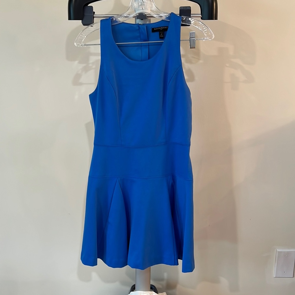 Blue comfortable dress. Summer evening with friends.